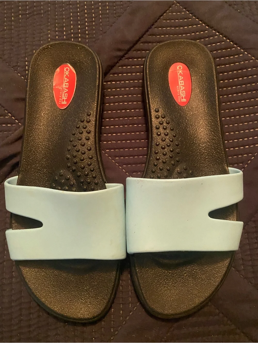 Okabashi Women's Pale Blue Slide Sandals with Black Footbed